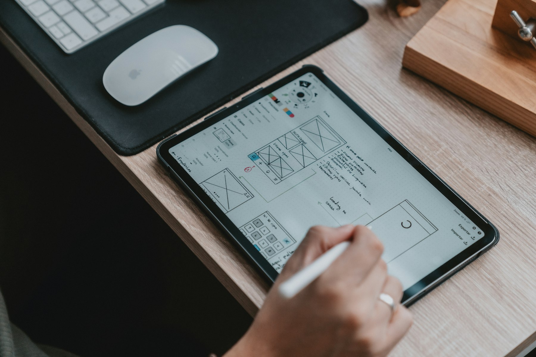 Une main dessine des maquettes de site sur une tablette